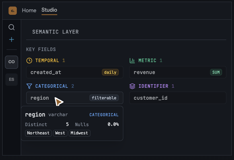 Chion Studio semantic layer showing key fields: a temporal created_at, a revenue metric, a categorical region, and a customer_id identifier.